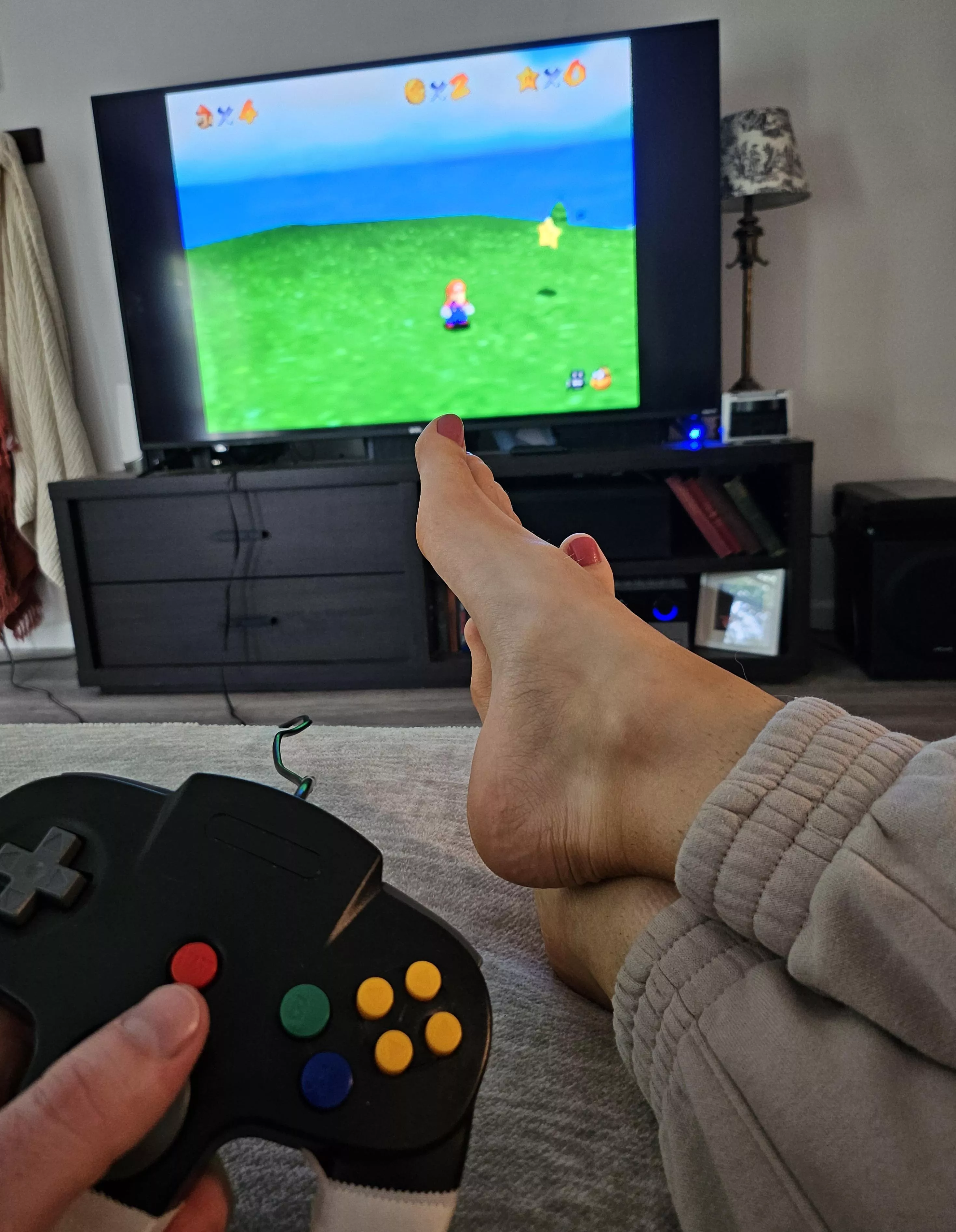 Just when I start a new 120 star run she starts distracting me with feet in my face