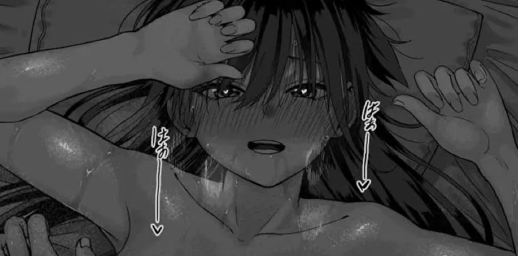 Lf mono source: black hair ,  heart eyes, blushing, heart text, 1girl, on bed, heavy breathing, looking at viewer