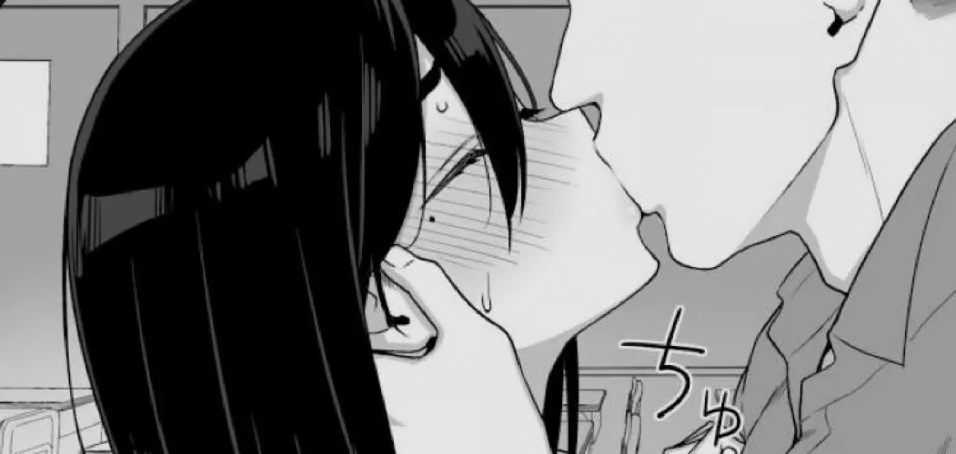 Lf mono source: kissing ,black hair , 1girl , 1boy , blushing,eyes closed, sweating 