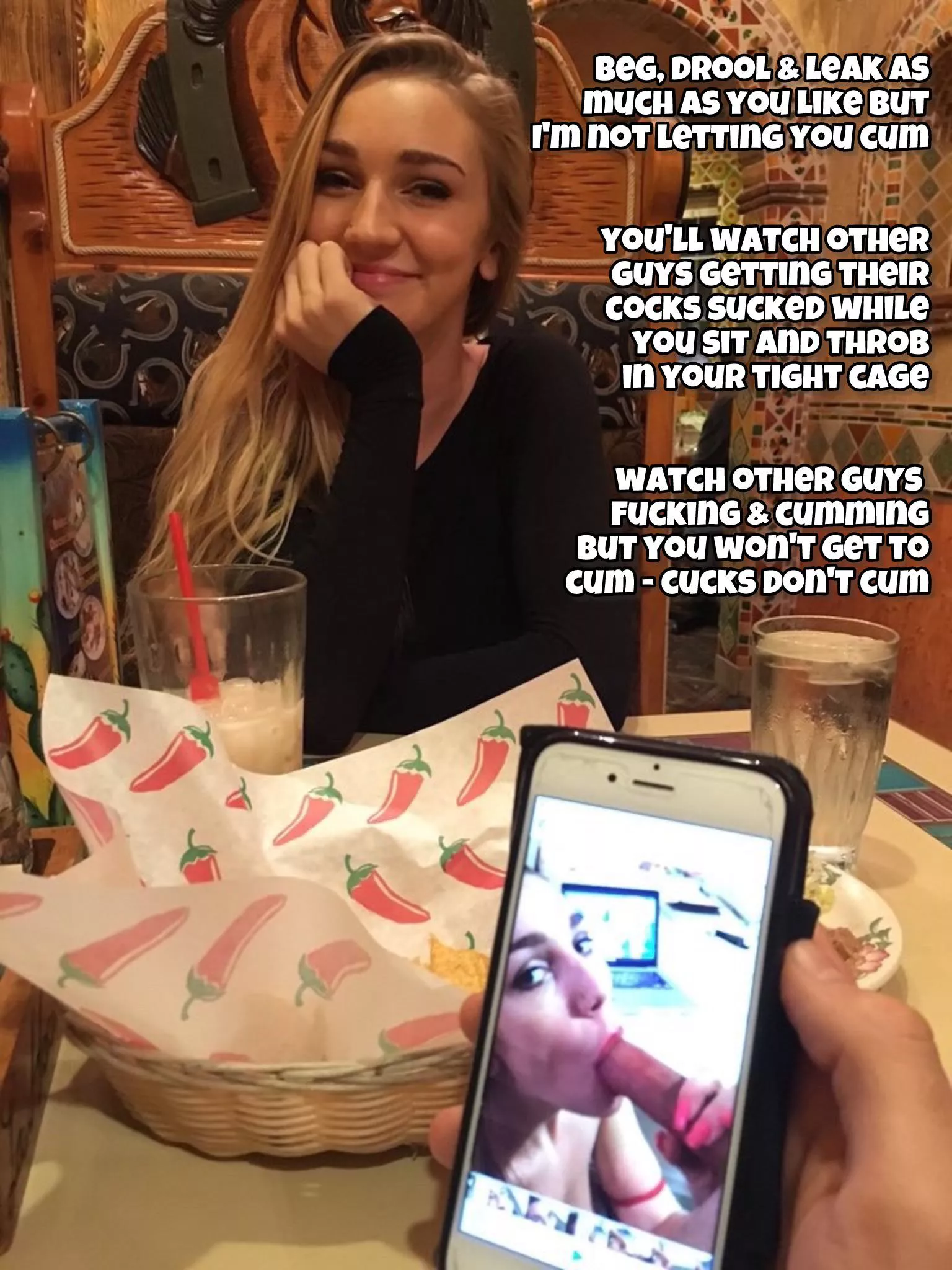 you can watch her sex tape but only with your cage on