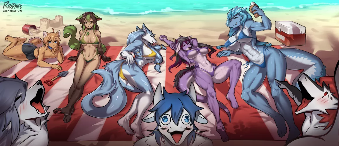 My crew on the beach w/ Dragons and Sergals