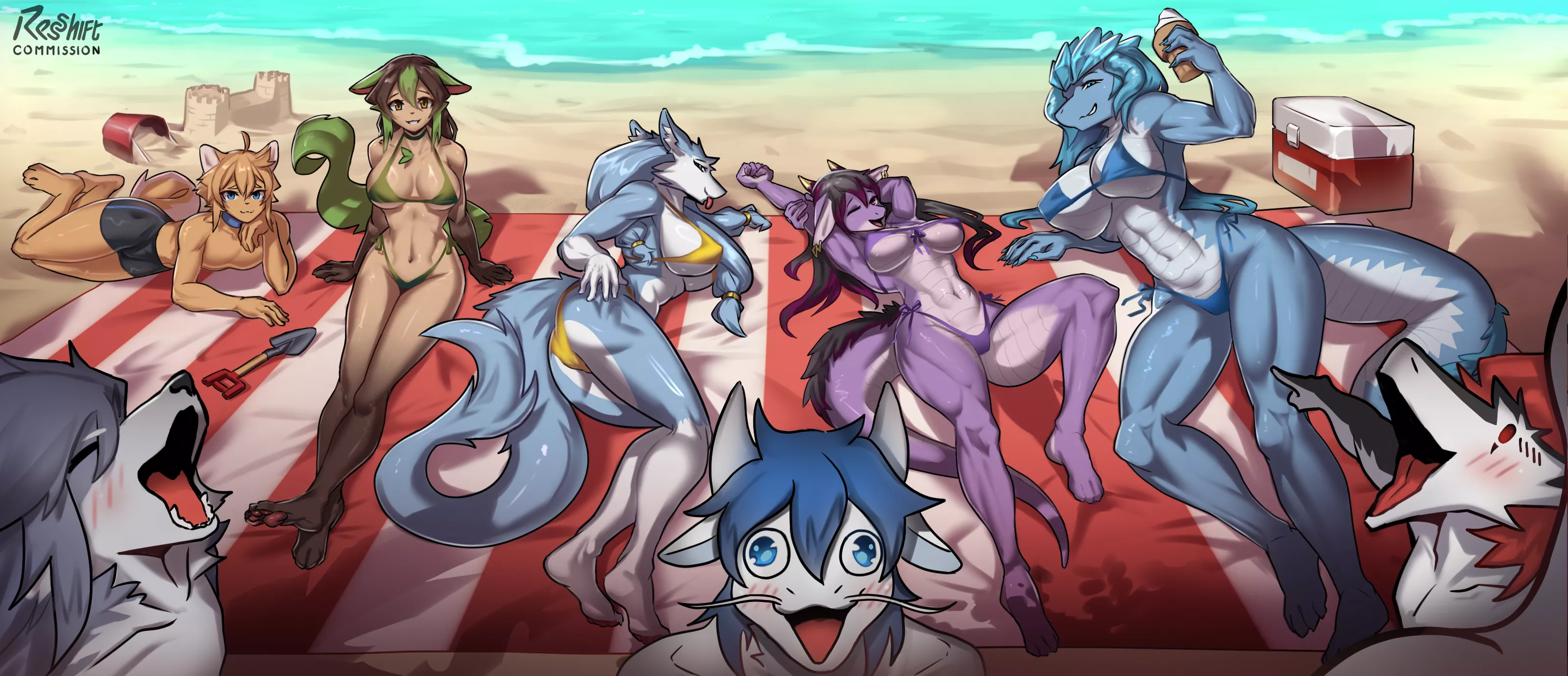 My crew on the beach w/ Dragons and Sergals