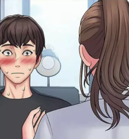 LF Color Source: 1boy, 1girl, Manhwa, Brown hair, Short hair, Black tshirt, White shirt, Black eyes, Wide open eyes, Sweating, Blushing, Close mouth, High ponytail, Long hair, Window, Table lamp, Back view, Close up