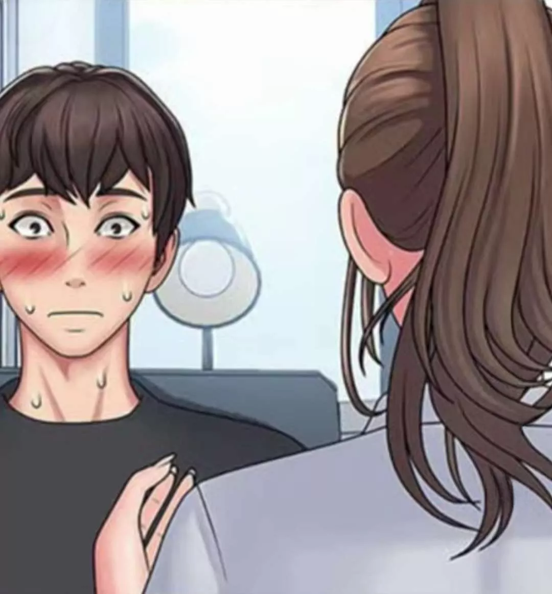 LF Color Source: 1boy, 1girl, Manhwa, Brown hair, Short hair, Black tshirt, White shirt, Black eyes, Wide open eyes, Sweating, Blushing, Close mouth, High ponytail, Long hair, Window, Table lamp, Back view, Close up