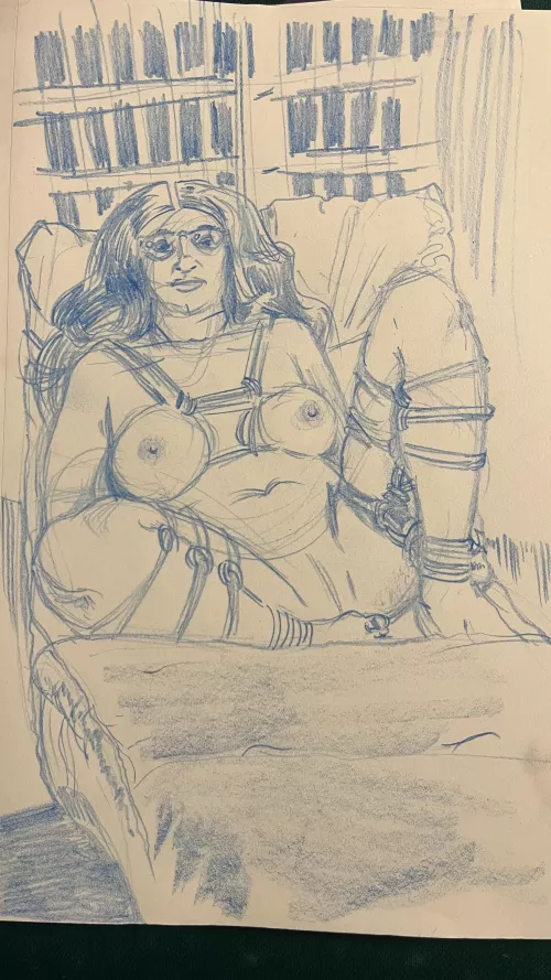 A drawing of me in rope done by a local artist at a live drawing class where I got to model as a rope bunny. 