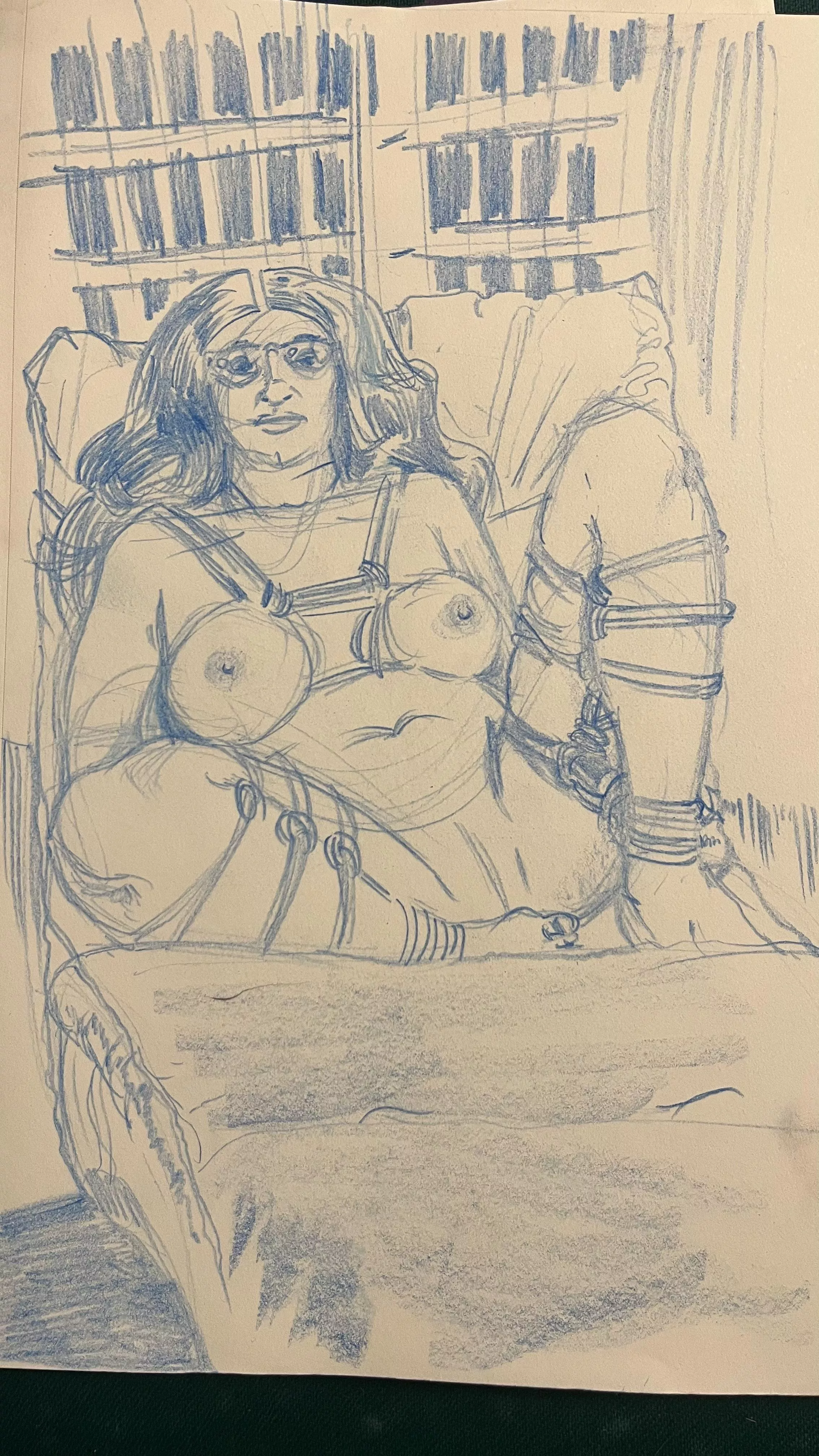 A drawing of me in rope done by a local artist at a live drawing class where I got to model as a rope bunny. 