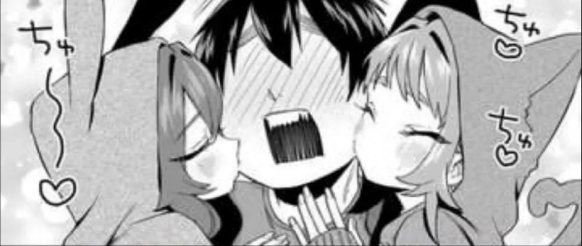 LF Mono Source: 1boy, 2girls, animal ear hood, animal hood, black hair, close-up, closed eyes, dark hair, double cheek kiss, face, faceless male, full-face blush, kissing cheek, light hair, open mouth, portrait, sfx, upper teeth only