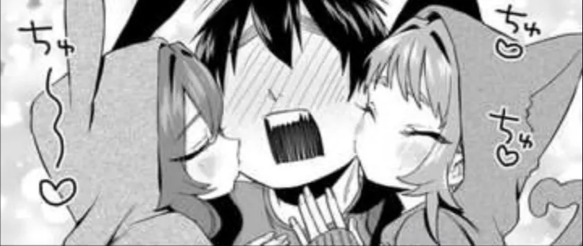 LF Mono Source: 1boy, 2girls, animal ear hood, animal hood, black hair, close-up, closed eyes, dark hair, double cheek kiss, face, faceless male, full-face blush, kissing cheek, light hair, open mouth, portrait, sfx, upper teeth only