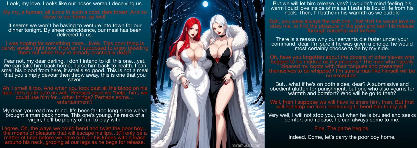 Meet your new mistresses [vampires] [injured male reader] [dominant vs gentle] [imminent sex] [a choice must be made…]