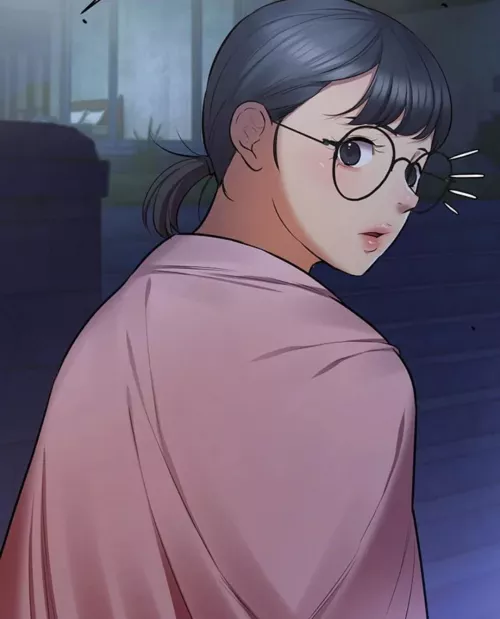 LF Color Source: 1girl, Manhwa, Black hair, Short hair, Tied hair, Low ponytail, Round glasses, Black eyes, Pink shawl, Open mouth, from behind, looking back, Pink lips, Stairs, Night, Windows, Bangs, Bed, Grass
