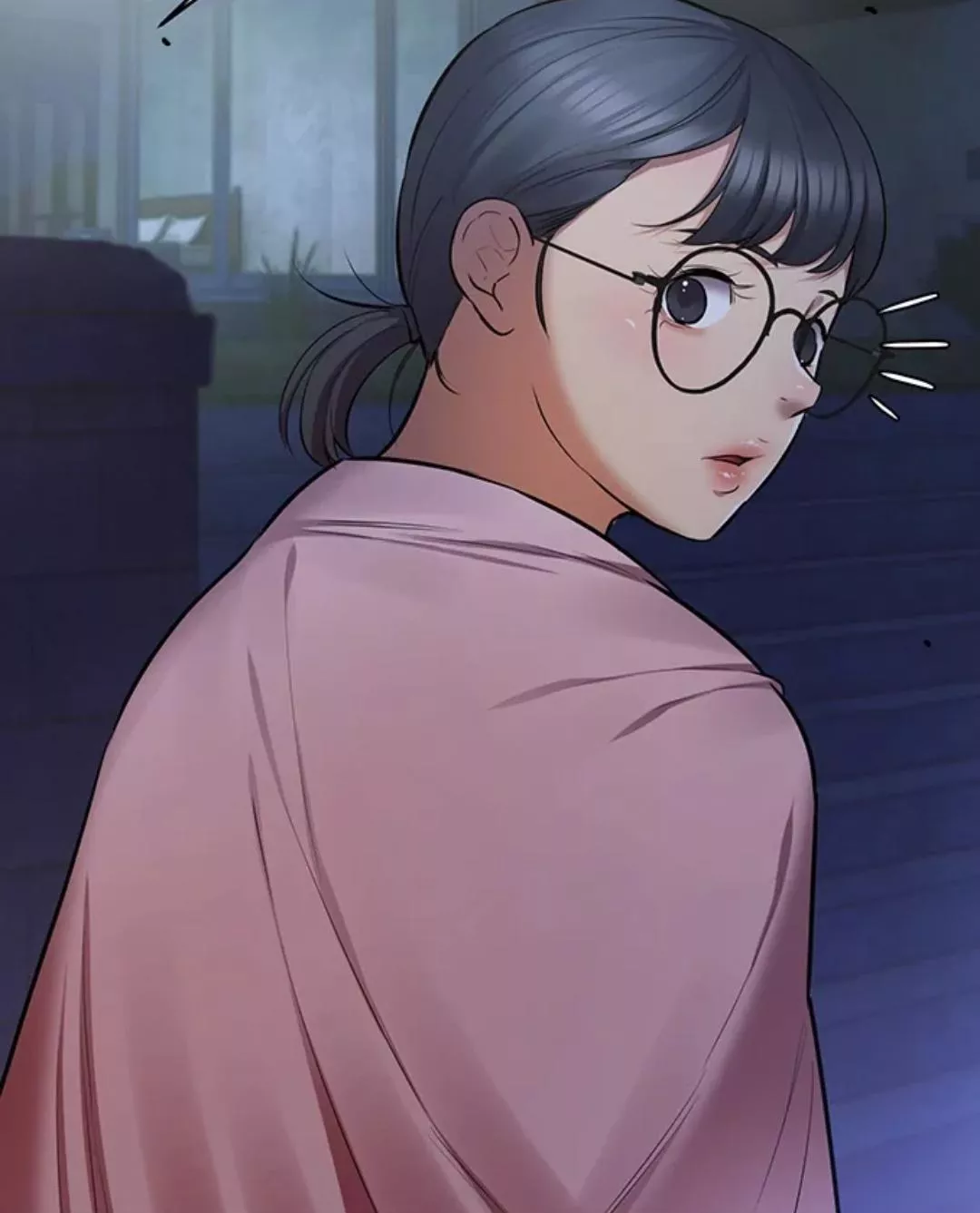 LF Color Source: 1girl, Manhwa, Black hair, Short hair, Tied hair, Low ponytail, Round glasses, Black eyes, Pink shawl, Open mouth, from behind, looking back, Pink lips, Stairs, Night, Windows, Bangs, Bed, Grass