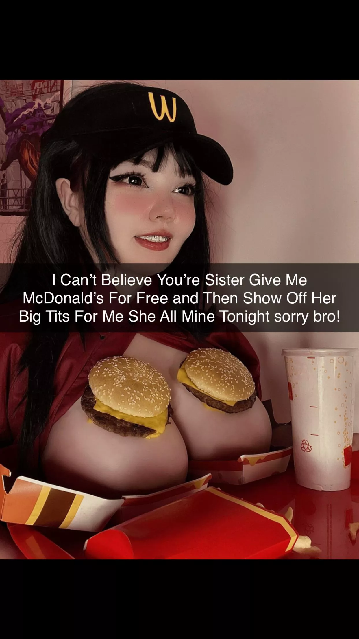 Your Sister Give Your Bully A Free McDonald’s and show her tits at him!