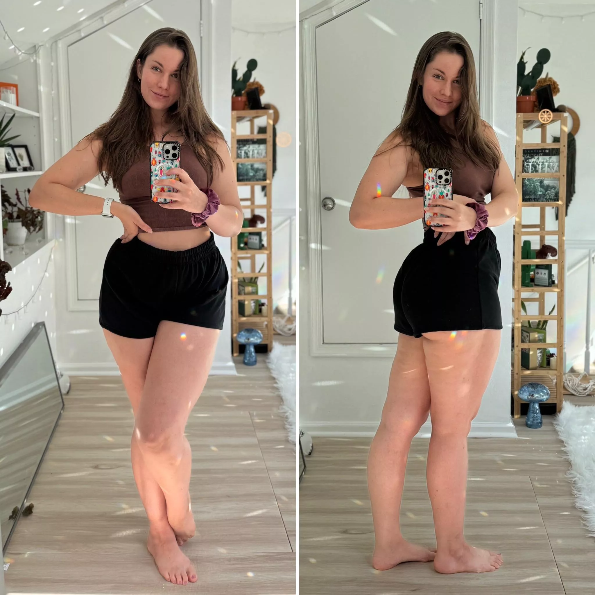 Bare face and short shorts 