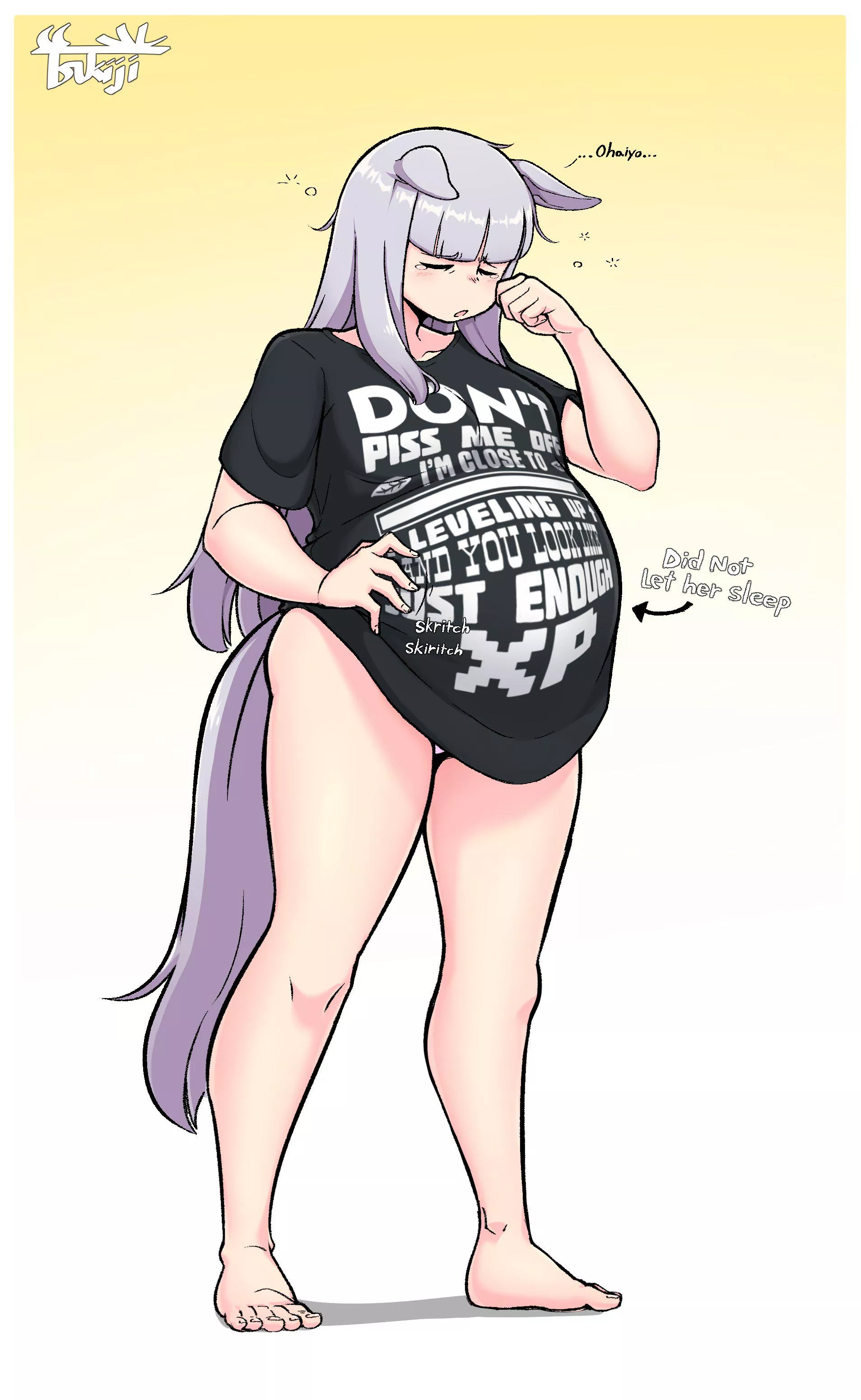 Sleep deprived horsegirl gf waddles in with an oversized t-shirt (TsukijiTums)