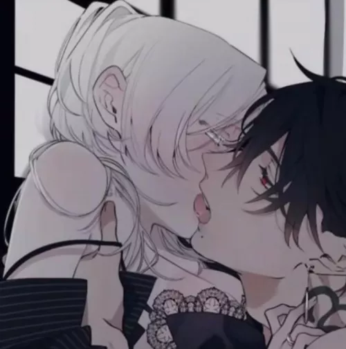 Lf Color Source: 1girl,1boy,white hair,black hair, red eyes, closed eye, open eye, mole, kissing, tongue kissing, earings, 