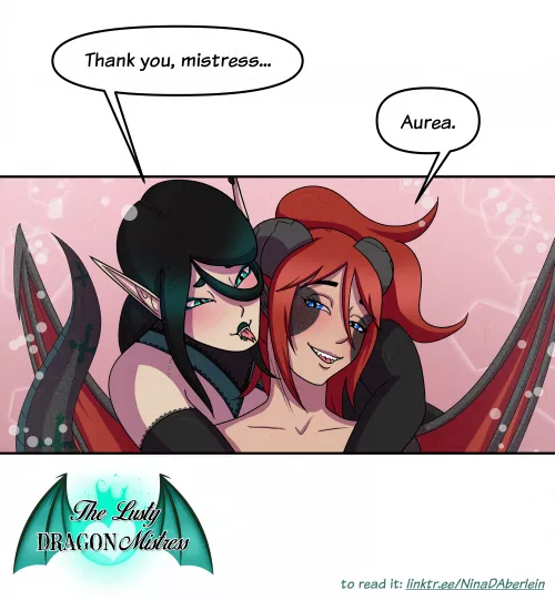Emerald the lamia cozing up to Aurea the Lusty Dragon Mistress (comic panel)