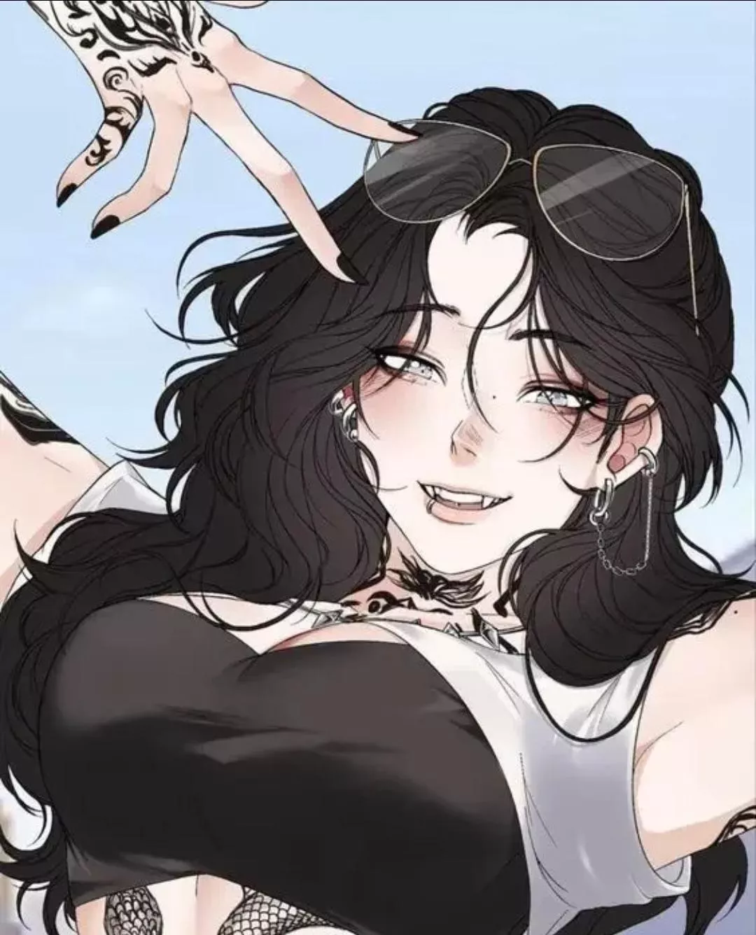 LF Color Source: 1girl, Black hair, Long hair, Tattoo, Glasses, Open mouth, Teeth, Fangs, Earrings, Black top, Blue background, Silver eyes, Lip piercing