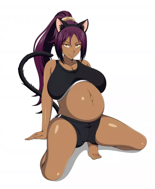 Pregnant Yoruichi teasing with her outfit (AtoriAtri)