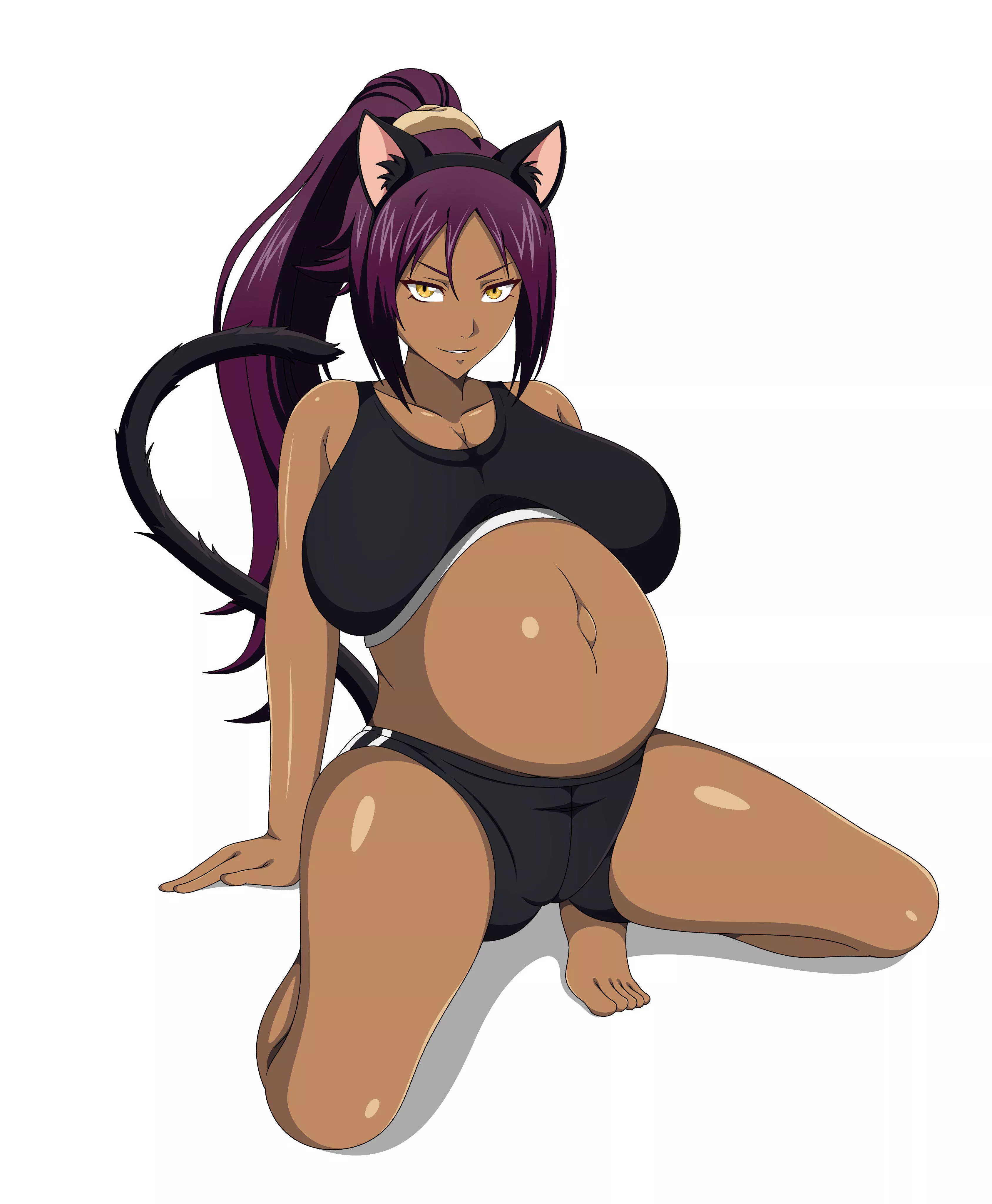 Pregnant Yoruichi teasing with her outfit (AtoriAtri)