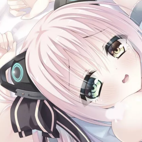 LF Color Source: hands up, heterochromia, cat ear headphone, hair ornament, breasts, censored nipples, portrait, blush, open mouth