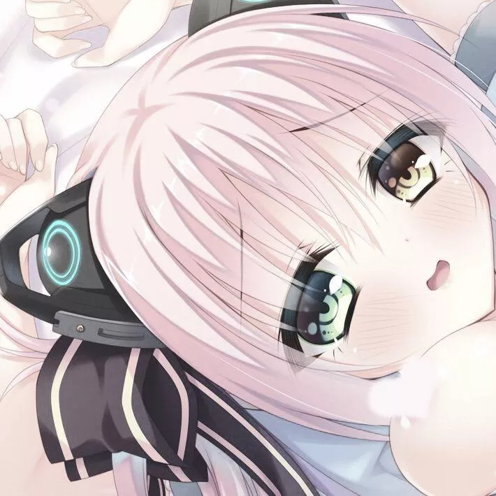 LF Color Source: hands up, heterochromia, cat ear headphone, hair ornament, breasts, censored nipples, portrait, blush, open mouth