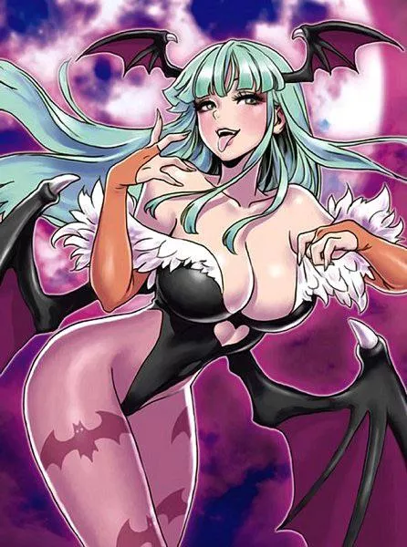 Lf color source: Morrigan Aensland, Darkstalkers,green hair, 1girl , tongue out, bat wings, vampire, green eyes