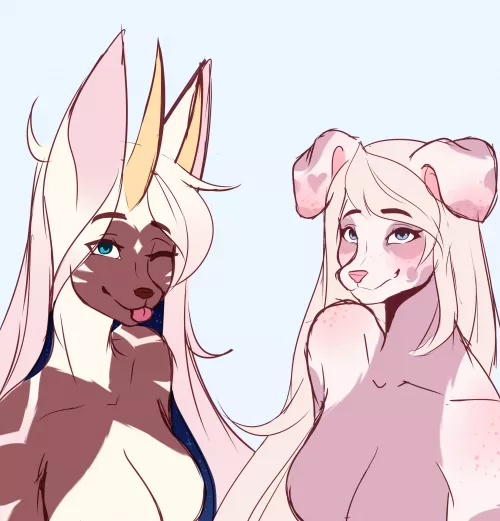 WIP of my sona Peach and my friend's sona Macaroon ^v^ (Art by me)