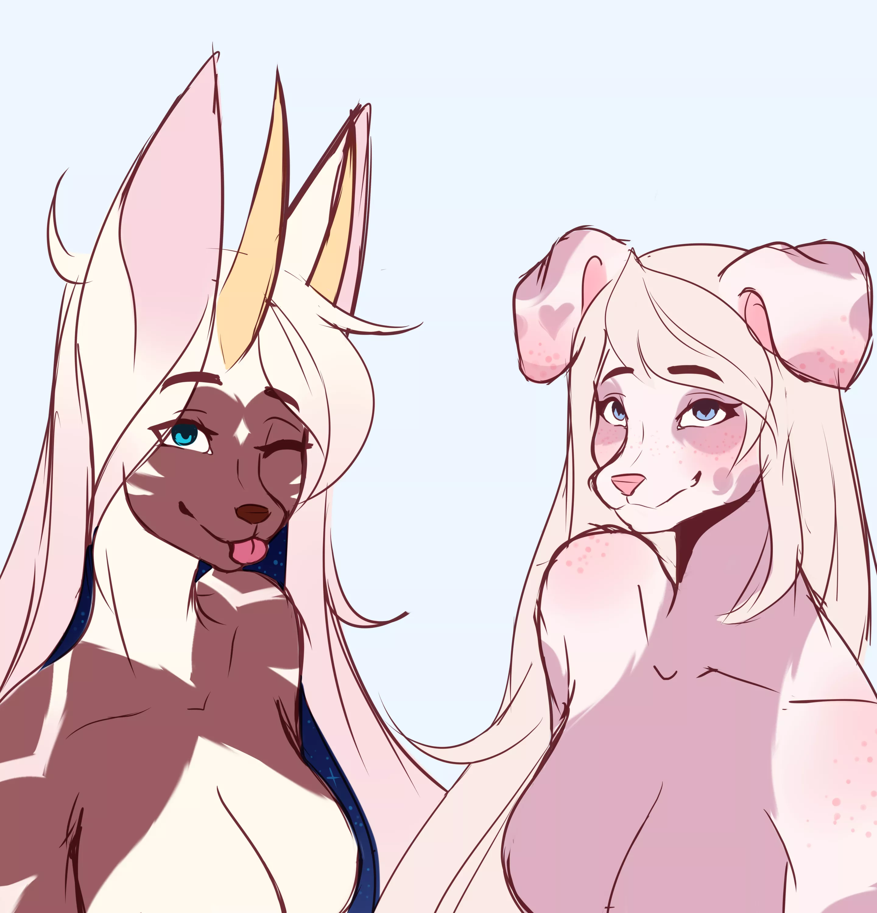 WIP of my sona Peach and my friend's sona Macaroon ^v^ (Art by me)