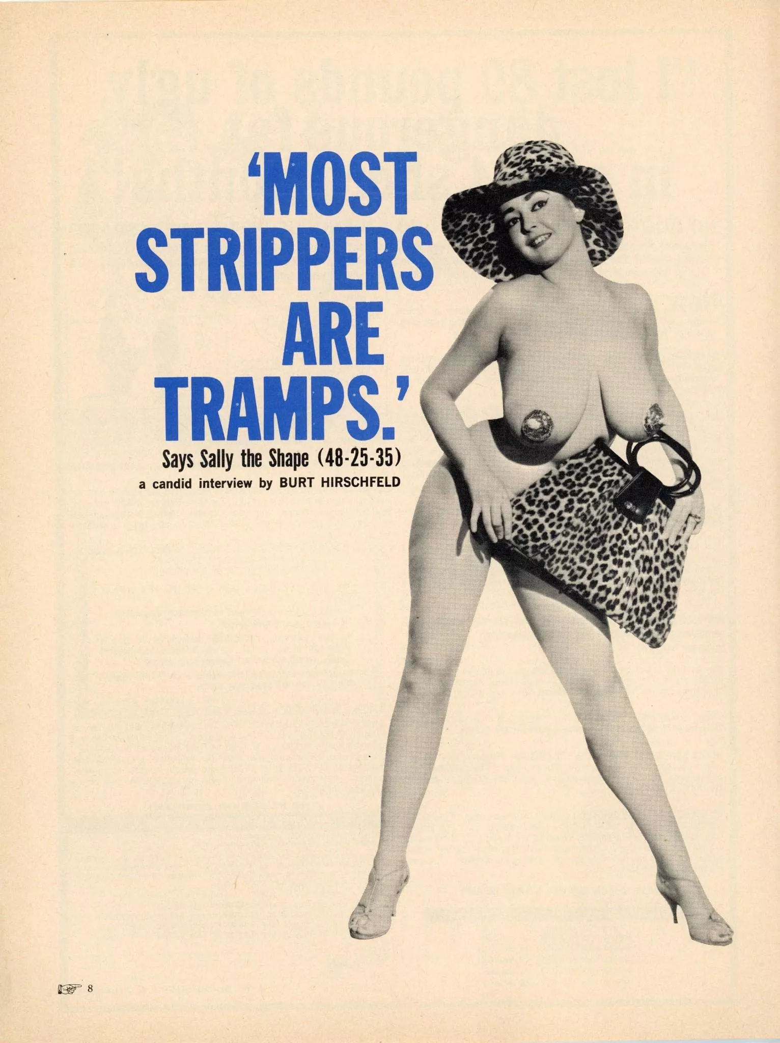 Burlesque beauty Sally the Shape in an article from Dapper Magazine, 1966