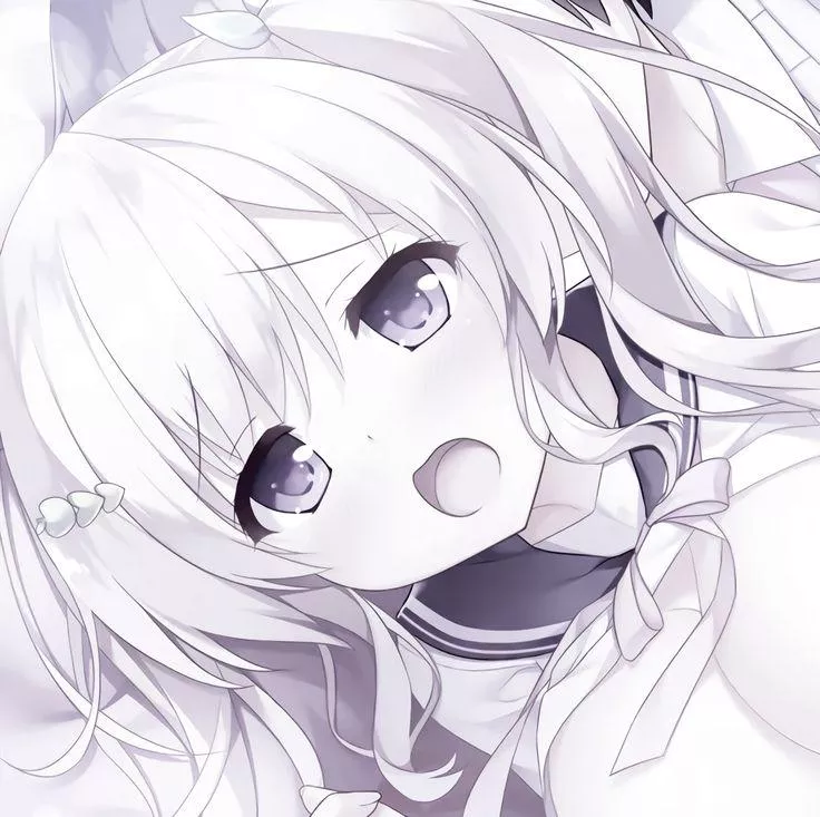 LF Color Source: white hair, purple eyes, long hair, open mouth, blush, school uniform, breasts, 1girl, 1boy, bowtie, hair ornaments
