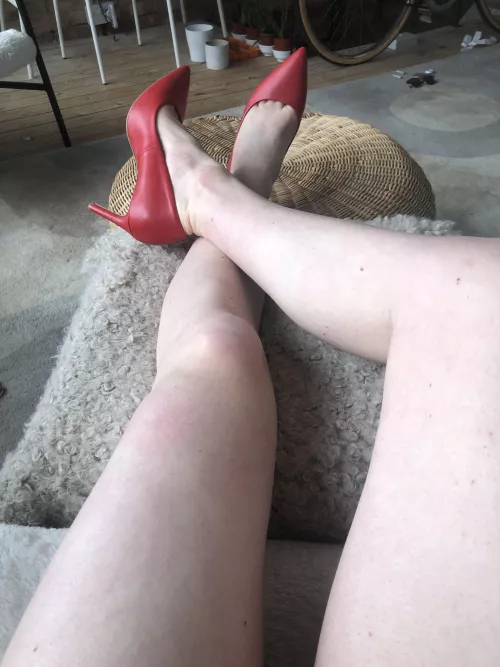 Red faux leather heels long view