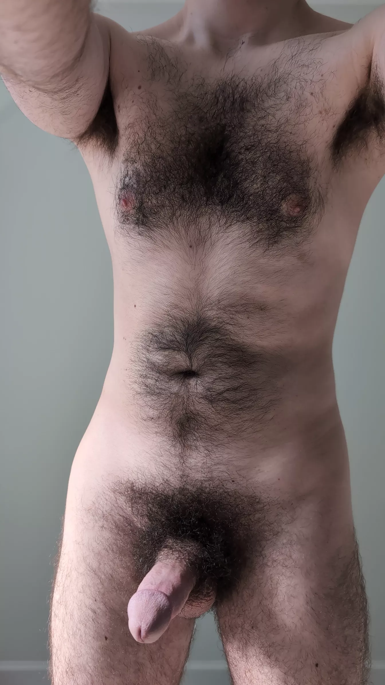 Showing off my hairy body and my chest this morning