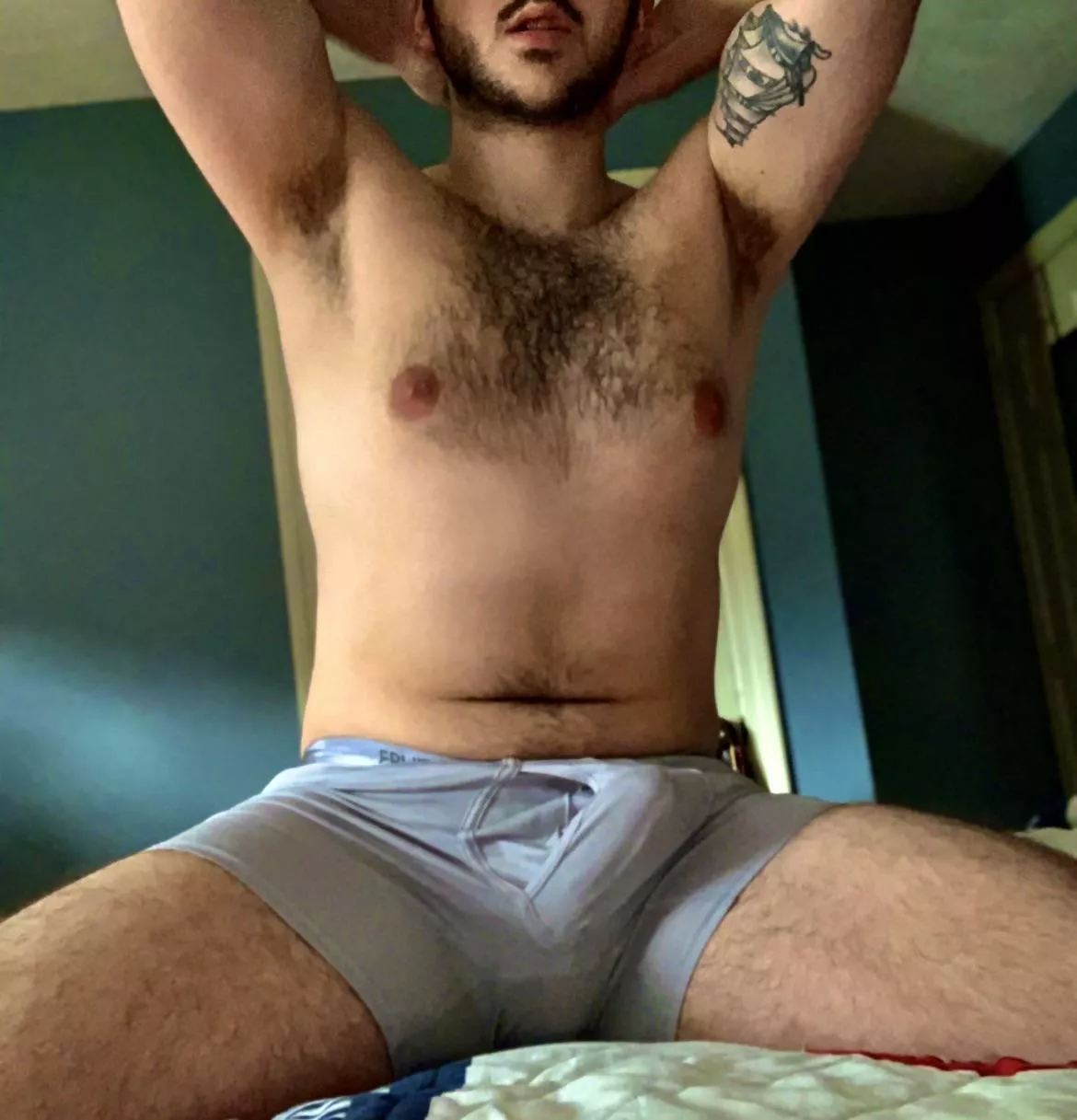 The beard’s a work in progress… but hopefully the chest hair and bulge make up for it