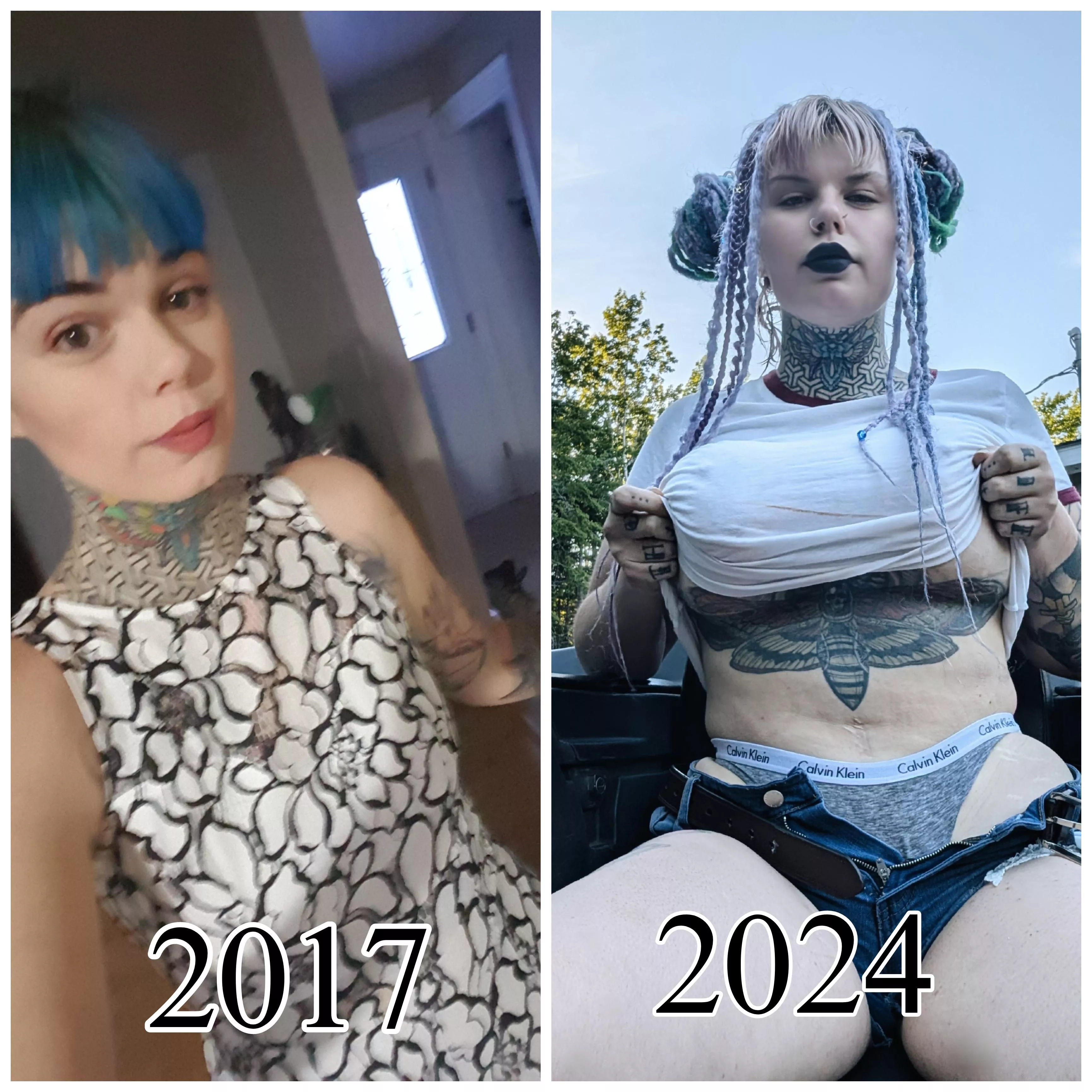 27 vs 34 I know some of you love my bimbofication comparison pictures. I'm also only wearing lipstick in the recent photo. Being a bimbo I really don't need to wear much makeup at all.