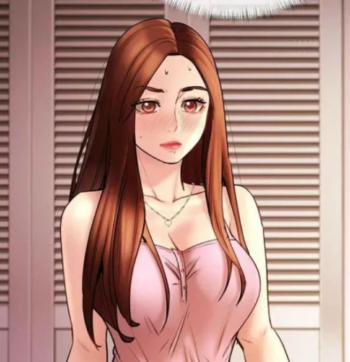 LF Color Source: 1girl, Manhwa, Long hair, Brown hair, Pink top, Thin strap, Necklace, Sweating, Blush Mark, Closed mouth, Pink eyes, Sweating, Close up, Looking at viewers, Cleavage, Pink lips