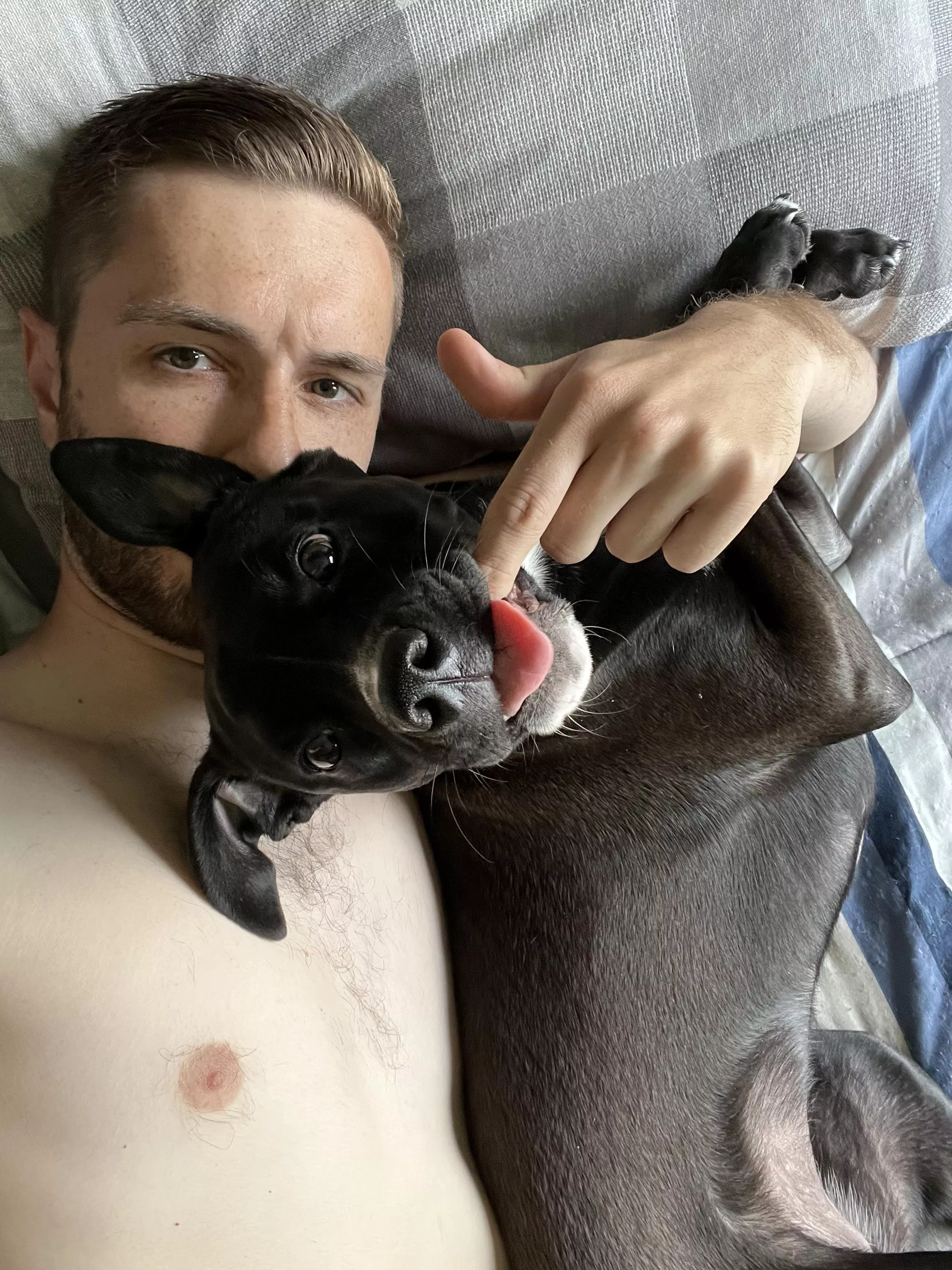 My snuggle buddy just wants to chew on my fingers 😂