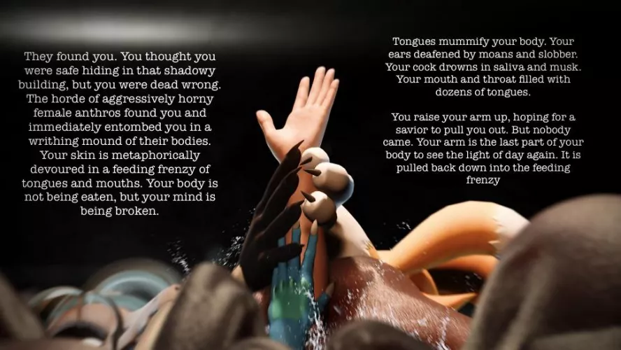 Found and devoured by the anthro horde [femdom] [implied sex] [anthro on human] [full body licking] [multiple girls][mildmeat]