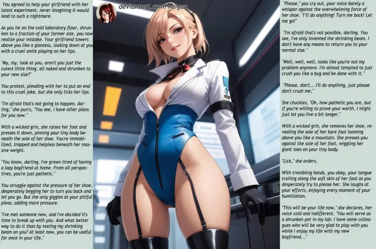 Shrunken at your girlfriend's lab Part1 [femdom][giantess][shrunken][cuckold][petplay][feet worship][public humiliation]