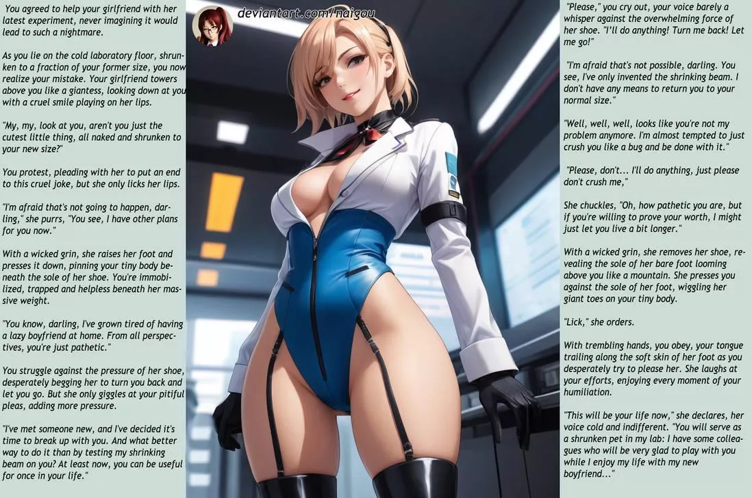 Shrunken at your girlfriend's lab Part1 [femdom][giantess][shrunken][cuckold][petplay][feet worship][public humiliation]
