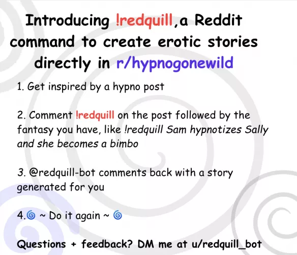 Experiment with !redquill, a Reddit command to generate erotic story ideas directly in r/hypnogonewild 🌀