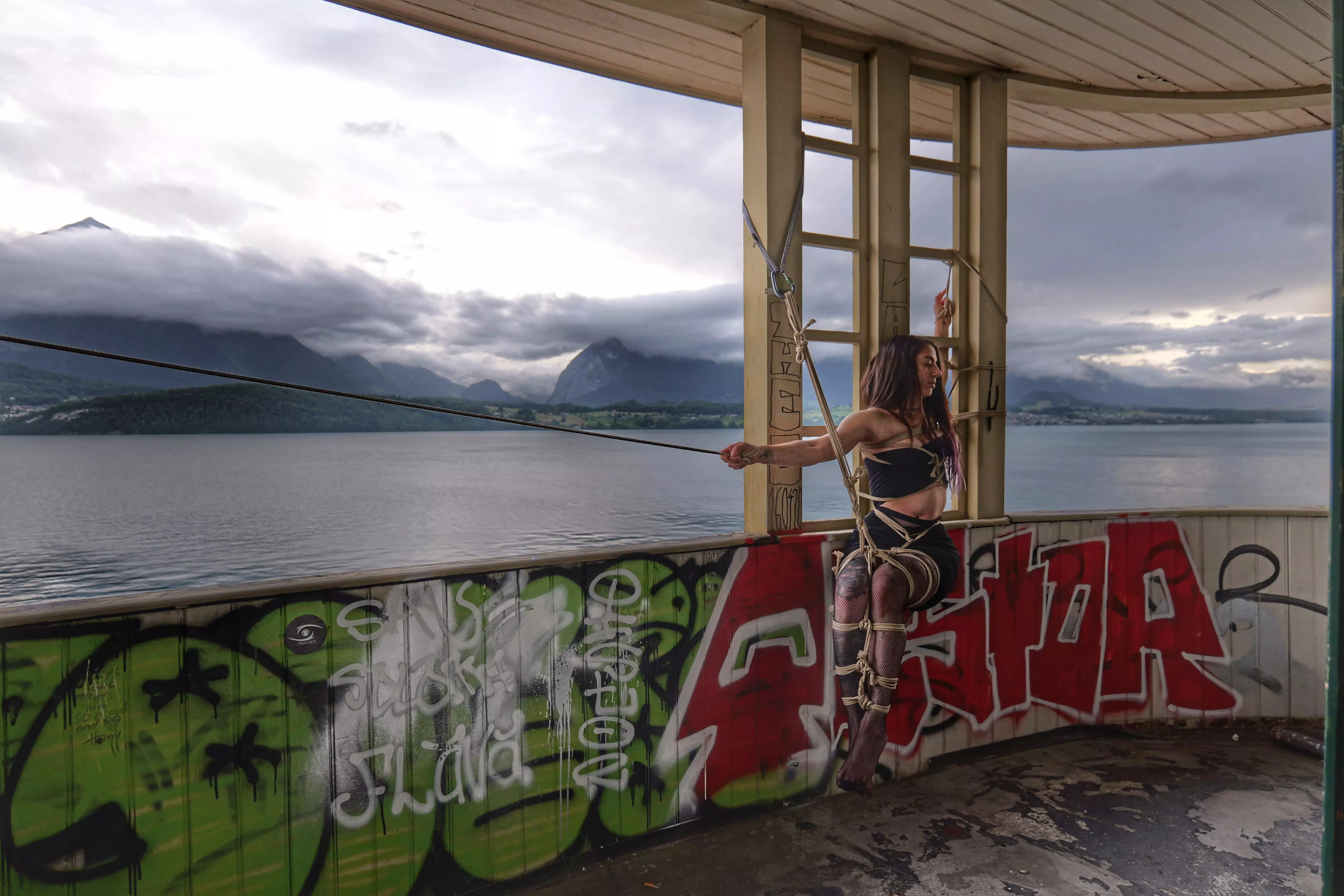 ropes, UrbEx, mountains, lake and moody weather 