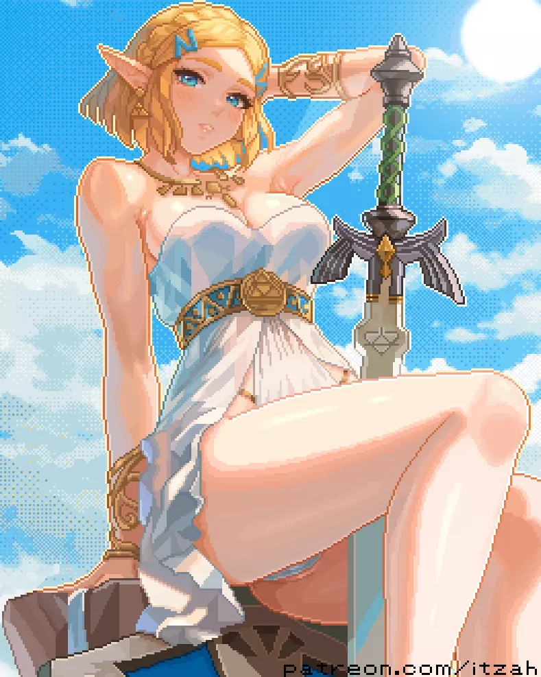 Zelda with the Master Sword betwixt her legs