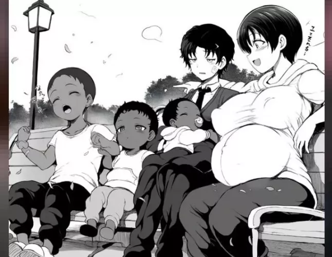 LF Mono Source: 1girl, 4boys, pregnanth, short hair, dark hair, dark skin, park, bench, business suit, family, children, foreign text, covered nipples