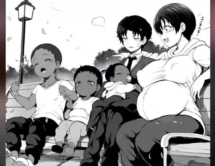 LF Mono Source: 1girl, 4boys, pregnanth, short hair, dark hair, dark skin, park, bench, business suit, family, children, foreign text, covered nipples