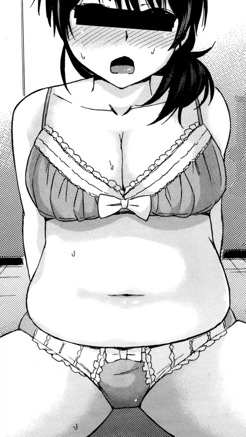 Mono: 1girl, chubby, underwear, cleavage, belly, ponytail