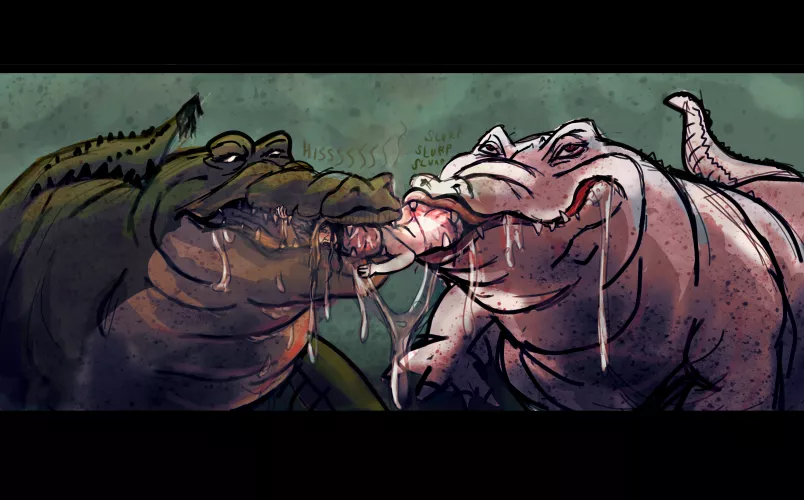 {image} 'Still Sharing' two hungry crocs having their way with the same tgirl. (Crocodile vore)(oral vore) (blood) (slobber) (breath) (crocodiles) (gators)