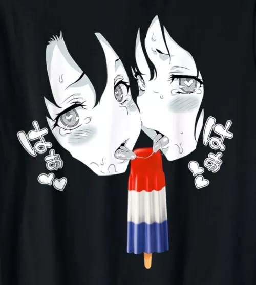 Mono 2girls, 2d, licking, fellatio, popsicle, meme, heart-shaped pupils, face, close-up, cropped, foreign text, cooperative fellatio, portrait, looking at viewer, tongue out, saliva trail, black hair, hair between eyes, sfx, blush, open mouth, tears, lic