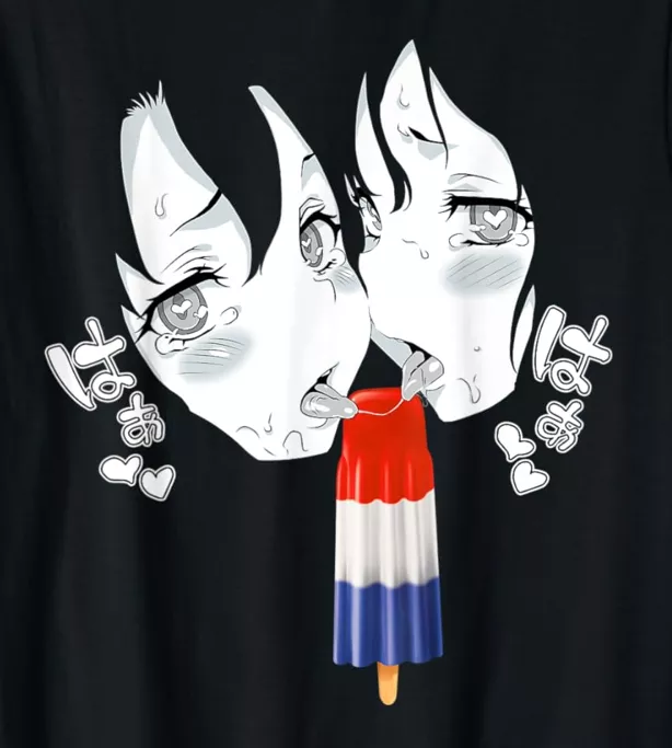 Mono 2girls, 2d, licking, fellatio, popsicle, meme, heart-shaped pupils, face, close-up, cropped, foreign text, cooperative fellatio, portrait, looking at viewer, tongue out, saliva trail, black hair, hair between eyes, sfx, blush, open mouth, tears, lic