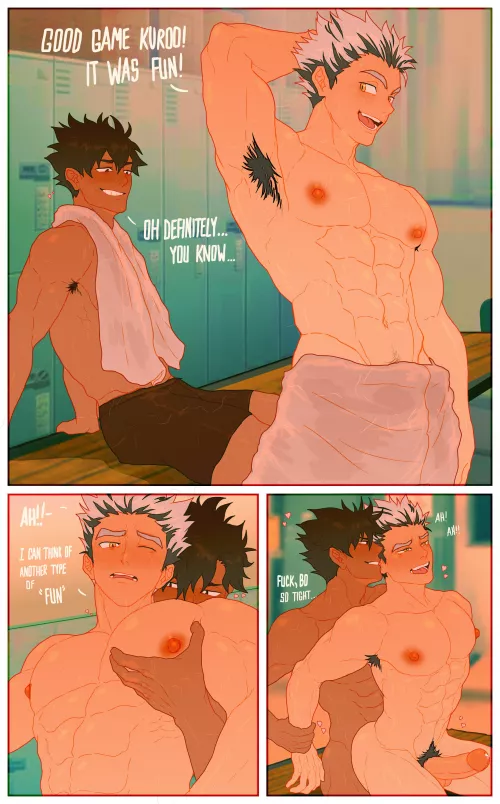 Bokuto and Kuroo having some locker room fun (By Cuckoo_chan) 