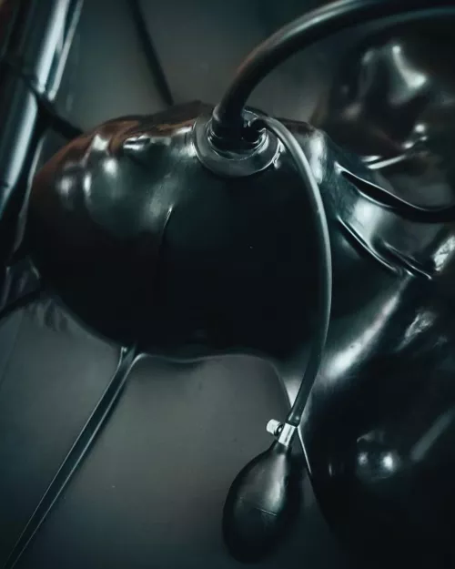 Fully encased in latex with an inflatable gag. Absolute restriction with a simple squeeze.